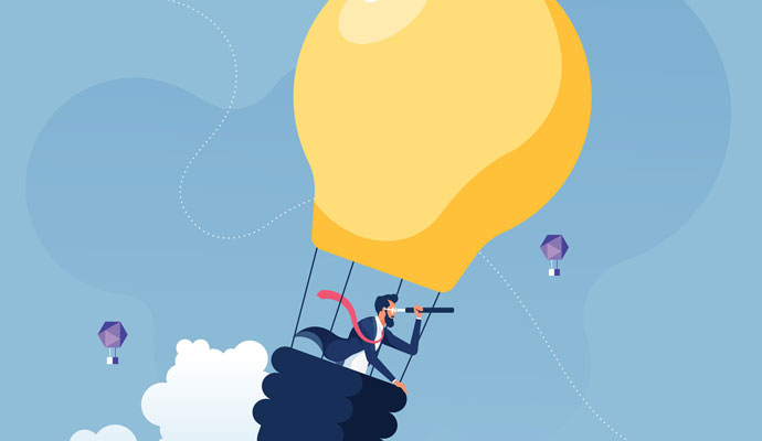 A cartoon businessman searches for new opportunities in a stylized hot-air balloon that resembles a light bulb. A cartoon businessman searches for new opportunities in a stylized hot-air balloon that resembles a light bulb.