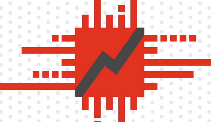 An illustration of a red computer chip with a gray zigzag line crossing the center.  An illustration of a red computer chip with a gray zigzag line crossing the center.