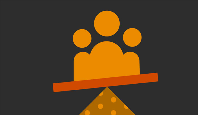 An illustration of a scale, tipped to one side, with three figures on it. An illustration of a scale, tipped to one side, with three figures on it.