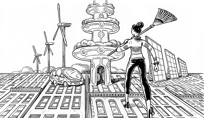 A black-and-white illustration showing a woman from behind. She has a rake over her shoulder and is looking at a vertical farm, which is flanked by solar panels on the right and wind turbines to the left. A black-and-white illustration showing a woman from behind. She has a rake over her shoulder and is looking at a vertical farm, which is flanked by solar panels on the right and wind turbines to the left.