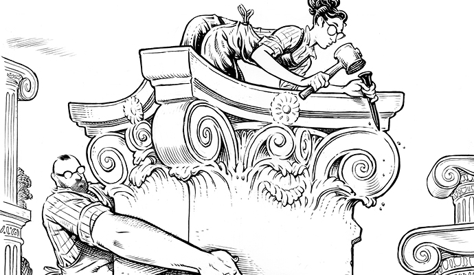 A black-and-white illustration of a woman carving the intricate top of a marble column that is being carried by a man. A black-and-white illustration of a woman carving the intricate top of a marble column that is being carried by a man.