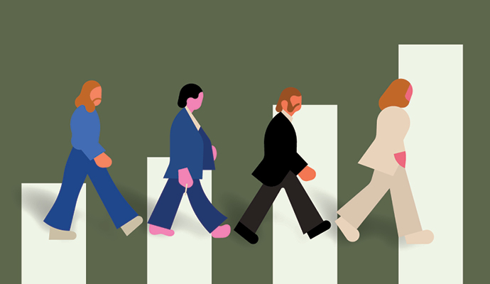 An illustration of four faceless figures walking across four white ascending graph bars. The illustration is reminiscent of the cover of the Beatles' album "Abbey Road."