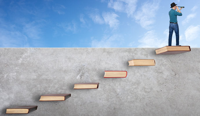 Illustration of man walking up a staircase made of books Illustration of man walking up a staircase made of books