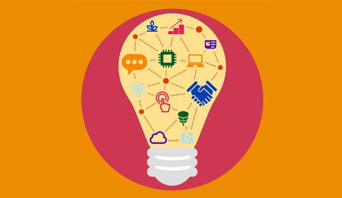 Illustration of a light bulb with various business-themed icons inside it Illustration of a light bulb with various business-themed icons inside it