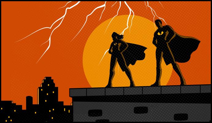 Illustration of two superheroes in silhouette against a city skyline
