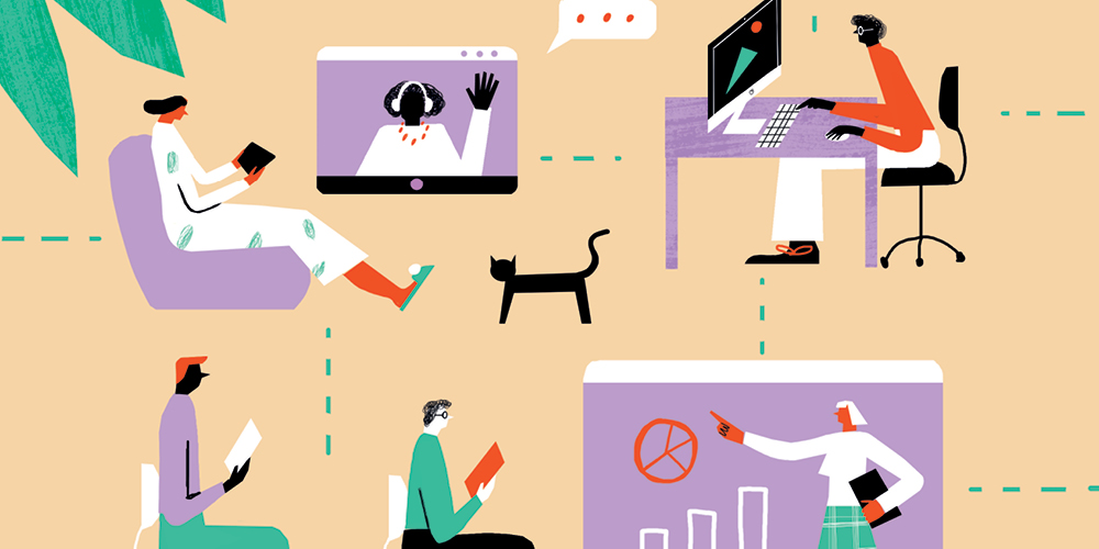 Illustration showing eight coworkers, each working in a different way — at home, in an office, on a laptop, on a phone 
