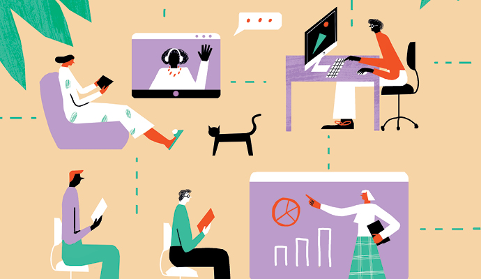 Illustration showing eight coworkers, each working in a different way — at home, in an office, on a laptop, on a phone  Illustration showing eight coworkers, each working in a different way — at home, in an office, on a laptop, on a phone
