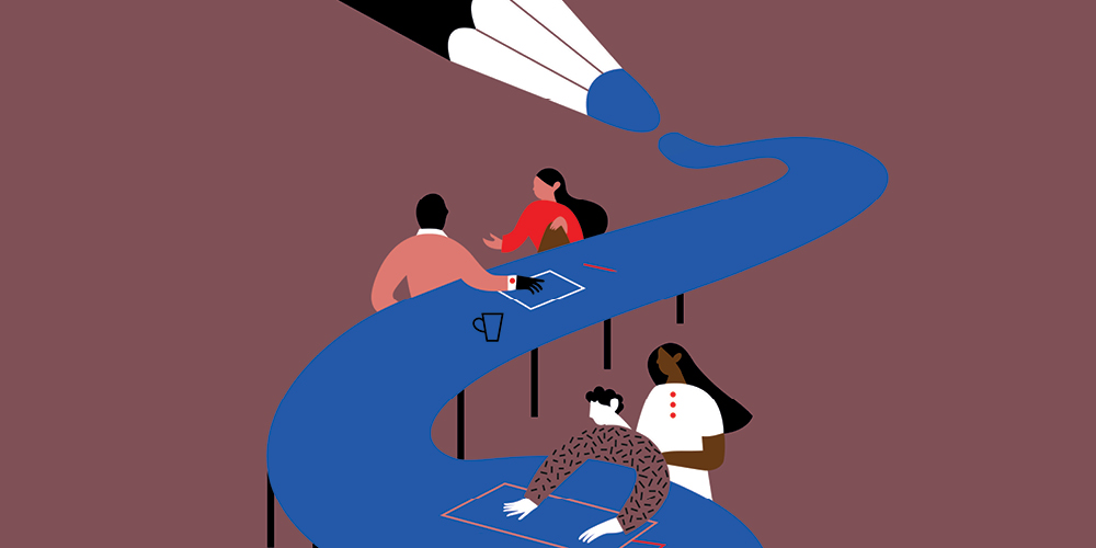 Conceptual artwork shows coworkers meeting and collaborating around a long, curving table as it is being created. Conceptual artwork shows coworkers meeting and collaborating around a long, curving table as it is being created.
