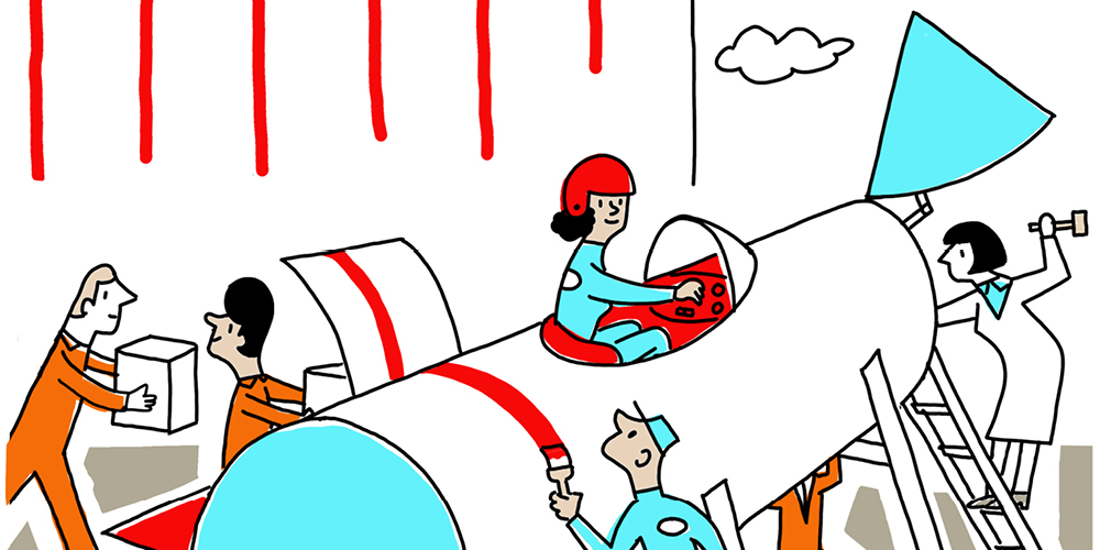 Cartoon-style drawing of a rocket's igniter being lit even as the rocket is still being constructed