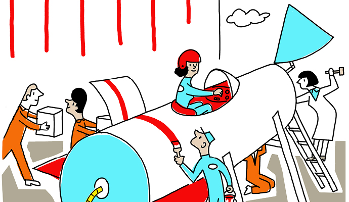 Cartoon-style drawing of a rocket's igniter being lit even as the rocket is still being constructed Cartoon-style drawing of a rocket's igniter being lit even as the rocket is still being constructed