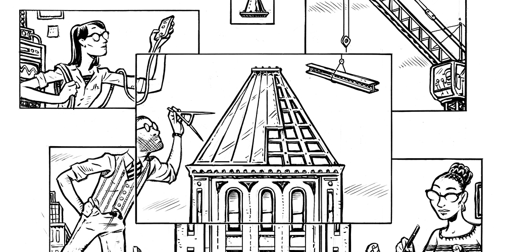 Drawing of a building being constructed by several people, who are contributing via video-conference tiles