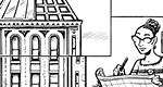 Drawing of a building being constructed by several people, who are contributing via video-conference tiles