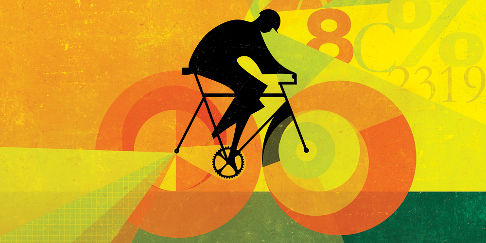 Illustration of a cyclist whose pedaling turns data into energy