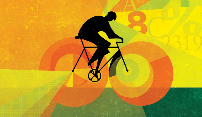 Illustration of a cyclist whose pedaling turns data into energy Illustration of a cyclist whose pedaling turns data into energy