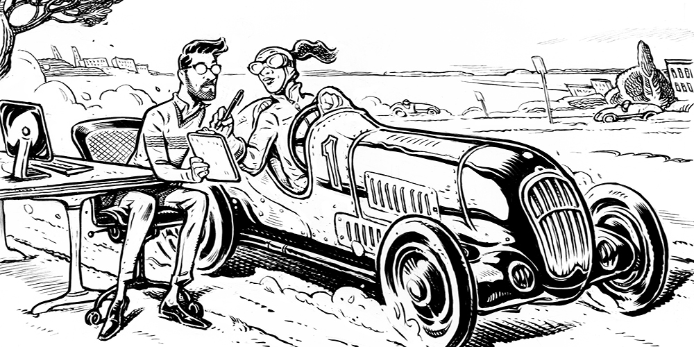 Drawing of a driver of an old-fashioned race car working with a modern businessperson on improvements
