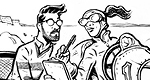 Drawing of a driver of an old-fashioned race car working with a modern businessperson on improvements