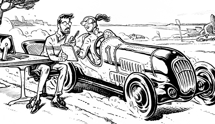 Drawing of a driver of an old-fashioned race car working with a modern businessperson on improvements Drawing of a driver of an old-fashioned race car working with a modern businessperson on improvements