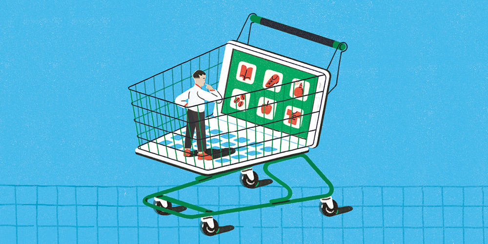 Illustration of a traditional shopping cart partially composed of a laptop