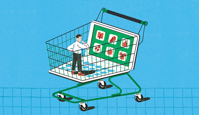 Illustration of a traditional shopping cart partially composed of a laptop Illustration of a traditional shopping cart partially composed of a laptop