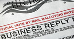 A close-up of a ballot envelope reads: Official vote-by-mail balloting material.