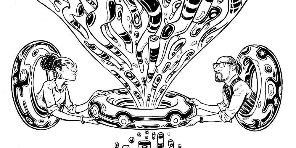 A black-and-white drawing shows a woman and a man holding either side of a ring into which a large volume of distorted information flows. When this information comes out of the other side of the ring, it appears in orderly shapes.