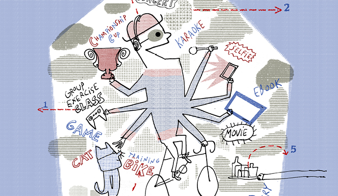 Cartoon-style drawing of a man in a house on a stationary bike doing karaoke while watching a movie on an iPad.