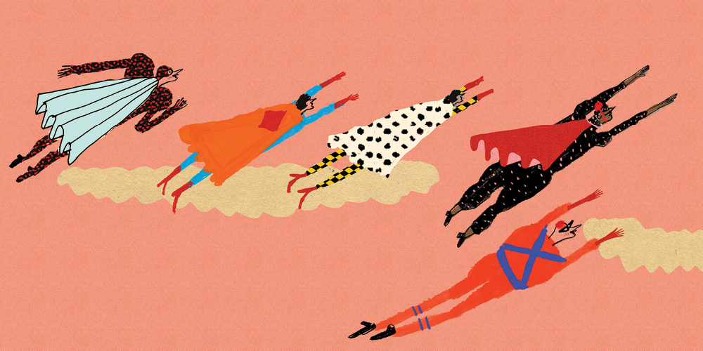A drawing shows eight superheroes in multicolored costumes flying upward in formation, against a peach background. A drawing shows eight superheroes in multicolored costumes flying upward in formation, against a peach background.