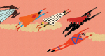 A drawing shows eight superheroes in multicolored costumes flying upward in formation, against a peach background.