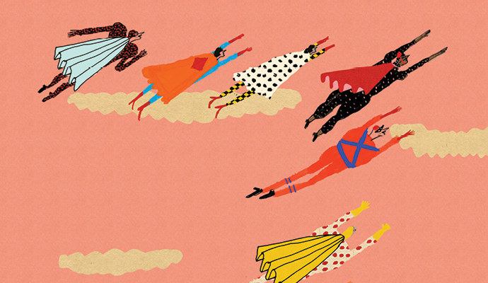 A drawing shows eight superheroes in multicolored costumes flying upward in formation, against a peach background. A drawing shows eight superheroes in multicolored costumes flying upward in formation, against a peach background.