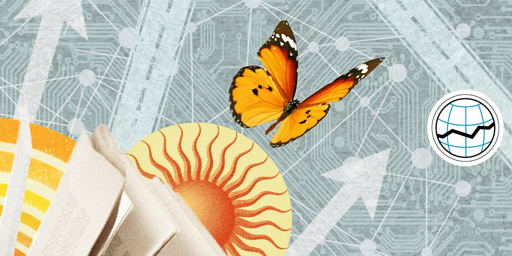 A photo of a butterfly and a stylized drawing of the sun represent Ryan Avent’s picks for 2020’s best business books in economics. 