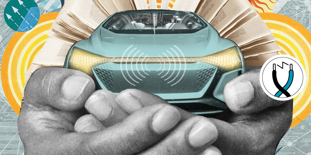 A photomontage of cupped hands holding a futuristic car represents James Surowiecki’s picks for 2020’s best business books in technology.  
