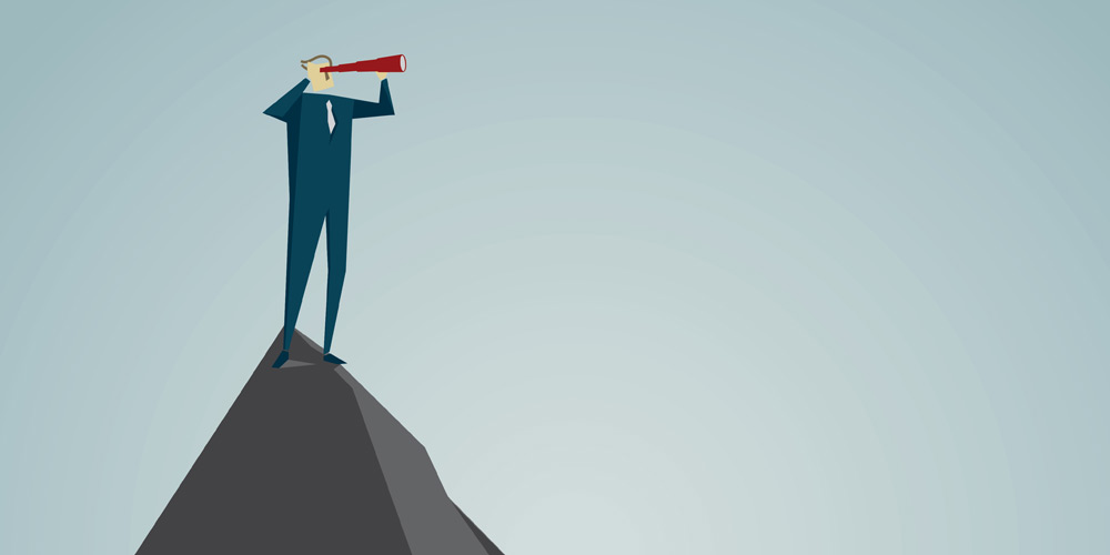 Abstract drawing of a businessman in a suit on the top of a mountain, looking into the distance with a red telescope.