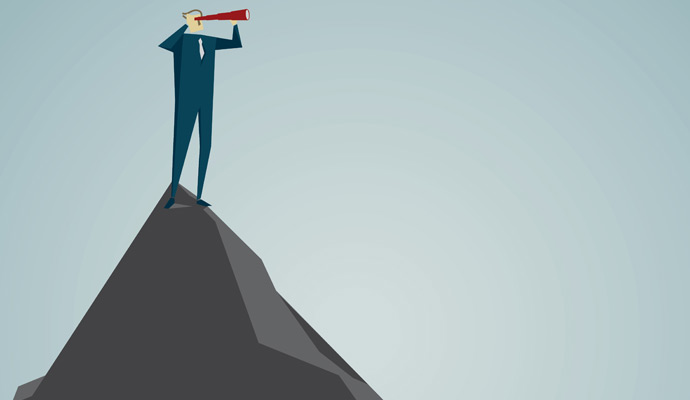 Abstract drawing of a businessman in a suit on the top of a mountain, looking into the distance with a red telescope. Abstract drawing of a businessman in a suit on the top of a mountain, looking into the distance with a red telescope.