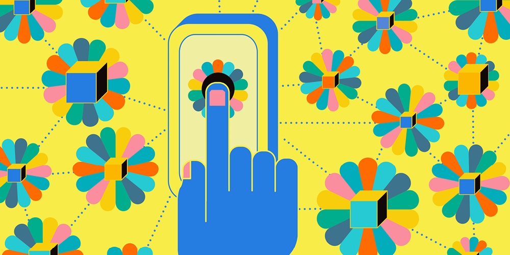 A drawing shows a blue hand touching a multicolored flower on a smartphone screen, which is centered against a yellow background decorated with similar multicolored flowers. A drawing shows a blue hand touching a multicolored flower on a smartphone screen, which is centered against a yellow background decorated with similar multicolored flowers.