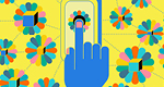 A drawing shows a blue hand touching a multicolored flower on a smartphone screen, which is centered against a yellow background decorated with similar multicolored flowers.