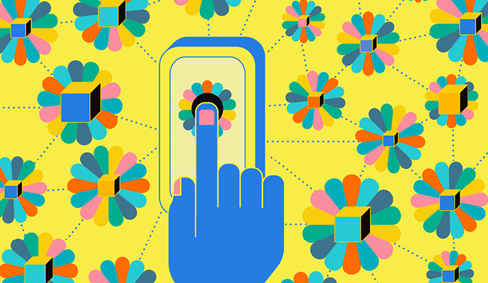A drawing shows a blue hand touching a multicolored flower on a smartphone screen, which is centered against a yellow background decorated with similar multicolored flowers. A drawing shows a blue hand touching a multicolored flower on a smartphone screen, which is centered against a yellow background decorated with similar multicolored flowers.
