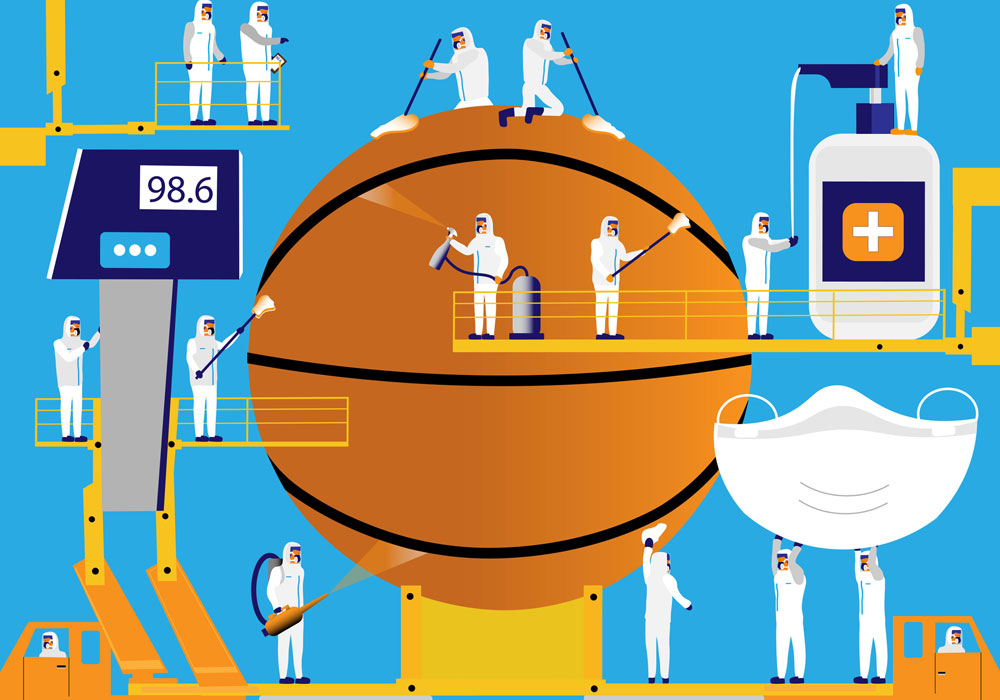 A drawing of emergency workers wearing protective gear, working together to sanitize a basketball, symbolizing actions taken to protect players and officials. A drawing of emergency workers wearing protective gear, working together to sanitize a basketball, symbolizing actions taken to protect players and officials.
