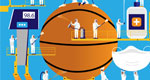 A drawing of emergency workers wearing protective gear, working together to sanitize a basketball, symbolizing actions taken to protect players and officials.
