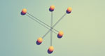 Six orange spheres are connected by thin rods radiating from a common center.