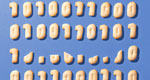 A grid of cookies — including some that are crumbled and broken — baked in the shape of binary code ones and zeros, against a blue background.
