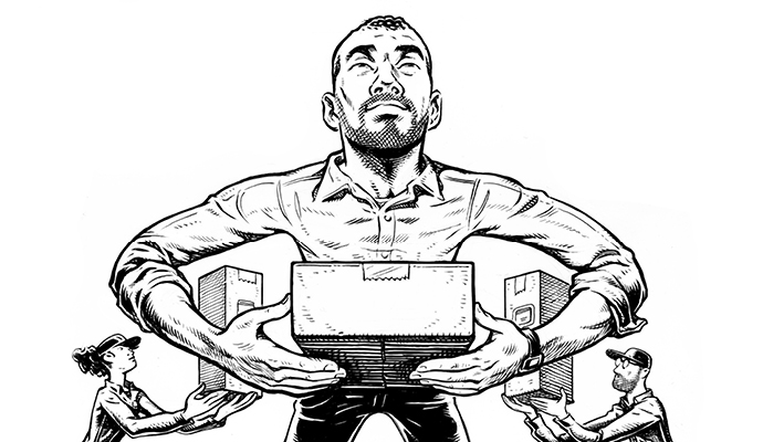A black-and-white drawing shows a man holding a box in both his hands. In the background is a woman carrying a box, and another man carrying a box. A black-and-white drawing shows a man holding a box in both his hands. In the background is a woman carrying a box, and another man carrying a box.