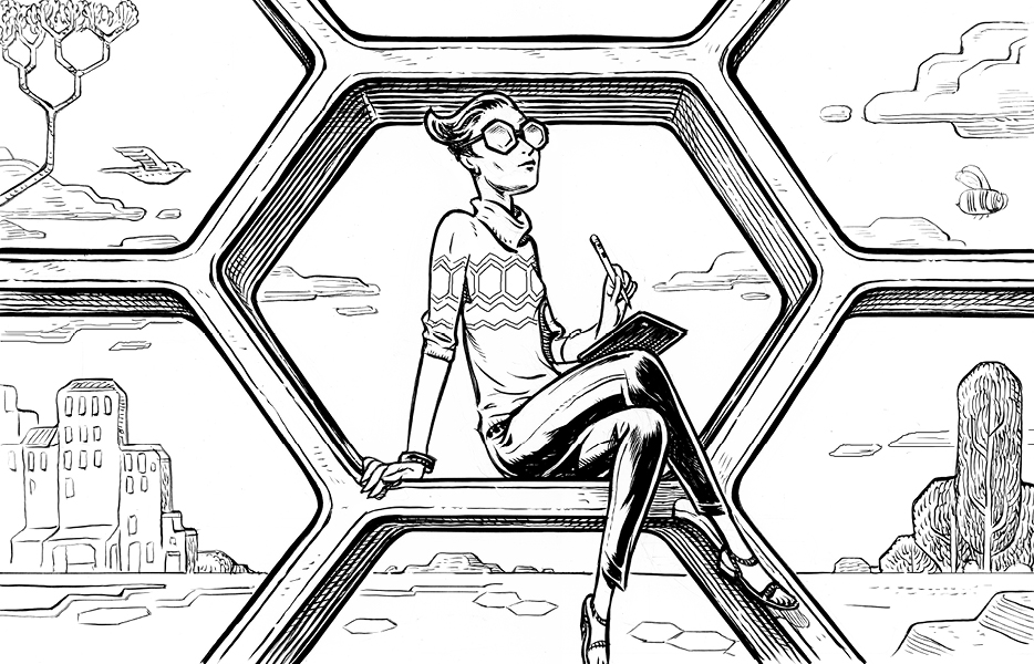 Illustration of a woman sitting inside of a hexagon shape