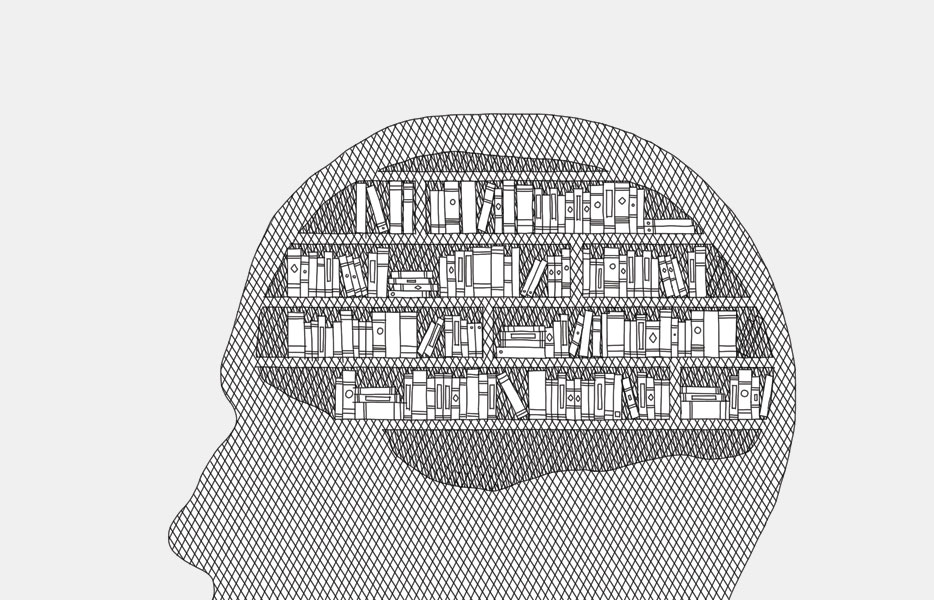 Drawing of a person's head with a bookshelf nested inside