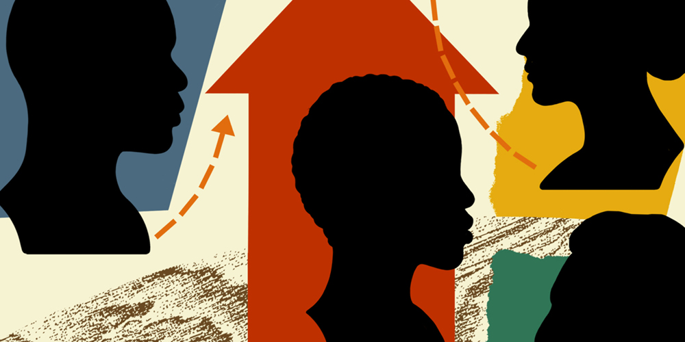 A drawing shows four profiles in silhouette against colored backgrounds of blue, red, yellow, and green. The red background, in the center, is an upward-pointing arrow. A drawing shows four profiles in silhouette against colored backgrounds of blue, red, yellow, and green. The red background, in the center, is an upward-pointing arrow.