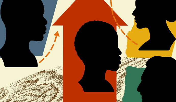A drawing shows four profiles in silhouette against colored backgrounds of blue, red, yellow, and green. The red background, in the center, is an upward-pointing arrow. A drawing shows four profiles in silhouette against colored backgrounds of blue, red, yellow, and green. The red background, in the center, is an upward-pointing arrow.