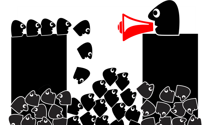 A cartoon leader exhorts others to blindly follow him — off the edge of a cliff. A cartoon leader exhorts others to blindly follow him — off the edge of a cliff.