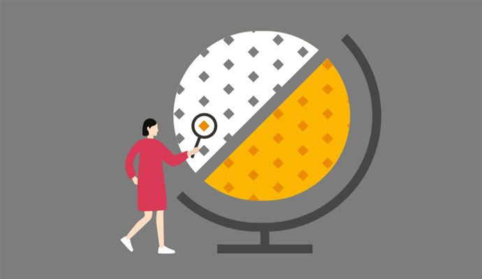An illustration of a woman with a magnifying glass standing in front of a globe. An illustration of a woman with a magnifying glass standing in front of a globe.