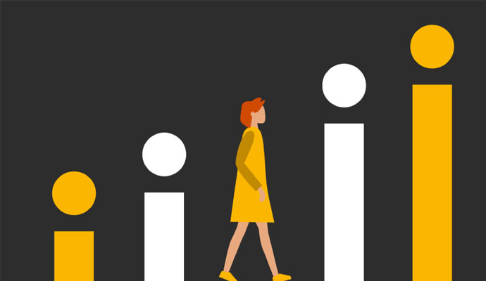 An illustration of a woman walking alongside the letter "i," which appears in an alternating white and yellow pattern.