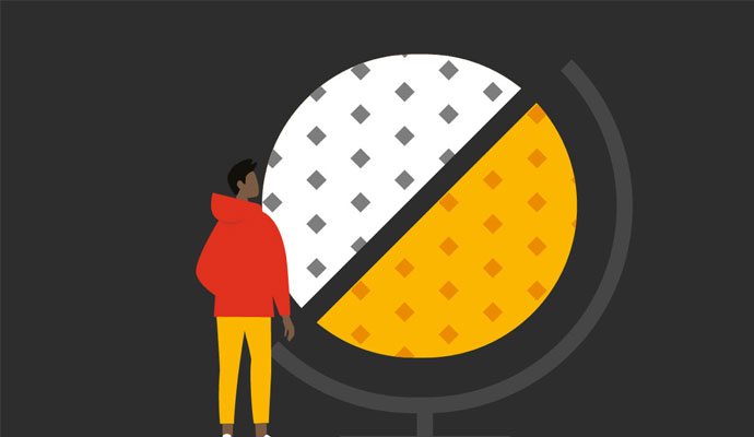 An illustration of a man looking at a globe.