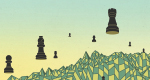 An illustration showing black chess pieces floating above a yellow-and-blue chessboard with a warped surface.  